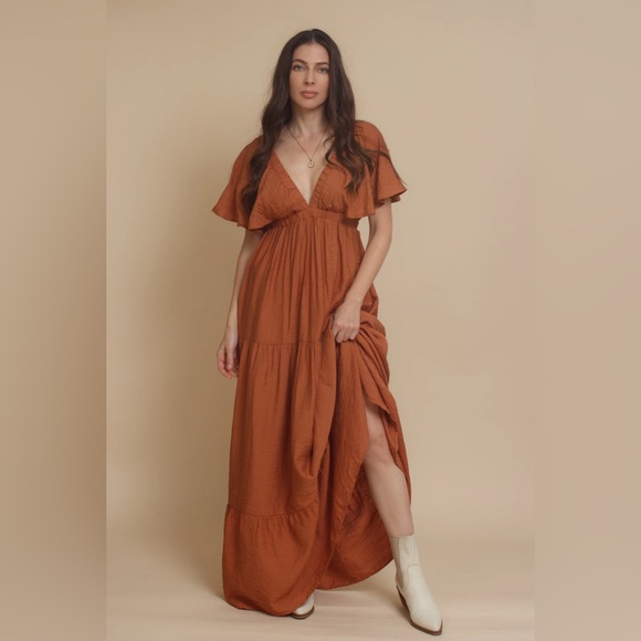 Flawless Dresses & Skirts - Flawless V‑Neck Terracotta Maxi Dress with Tie Back